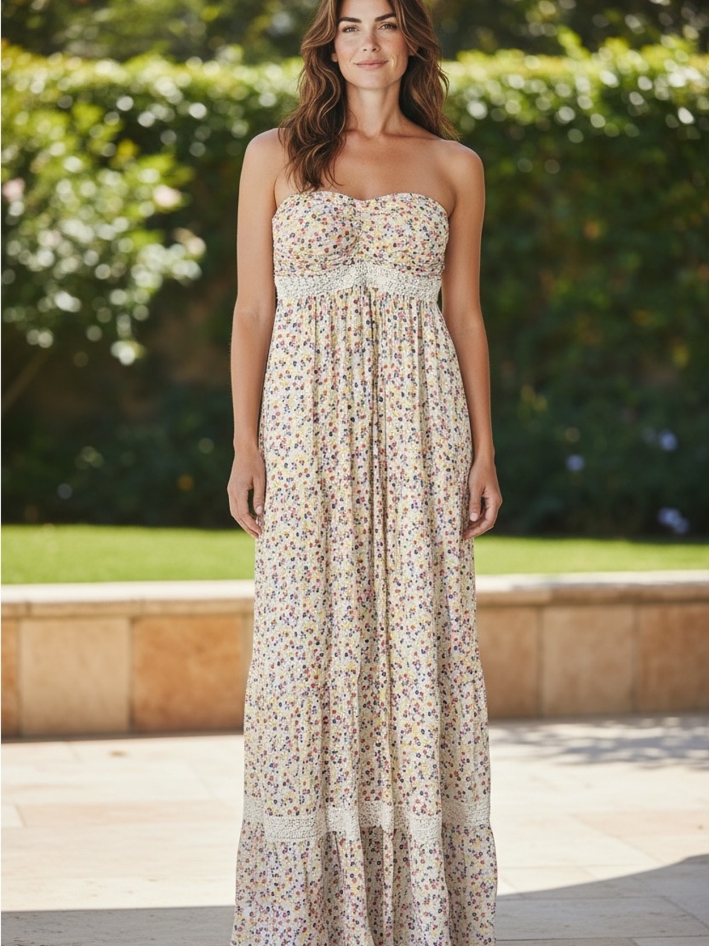 Jessica Simpson Strapless Cream Floral Maxi Dress with Dainty Multi-Color Print